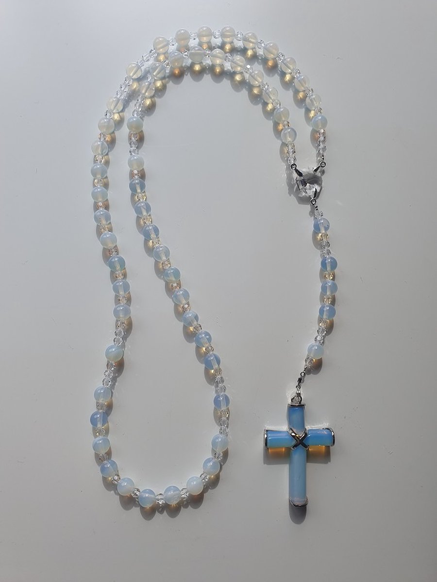 Rozenkrans, Paternoster geheel gemaakt met Opaliet en o.a. kristallen van Swarovski met een kruis van Opaliet (gebedssnoer, kruisteken, Meditatie, spiritueel, geloof, geloofsteken, Cadeau, ketting, gebedsketting, kerstpakket cadeau.