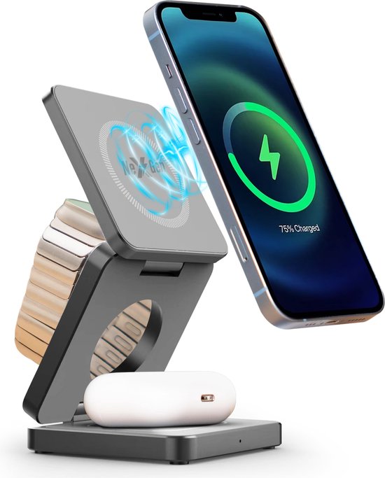 NexGen 3 in 1 Draadloze Oplader - 15W Iphone Oplader - MagSafe - Opvouwbaar Oplaadstation - Iphone 16/15/14/13/12 - Snellader Iphone - Wireless Charger - Apple Watch - Airpods - Grijs