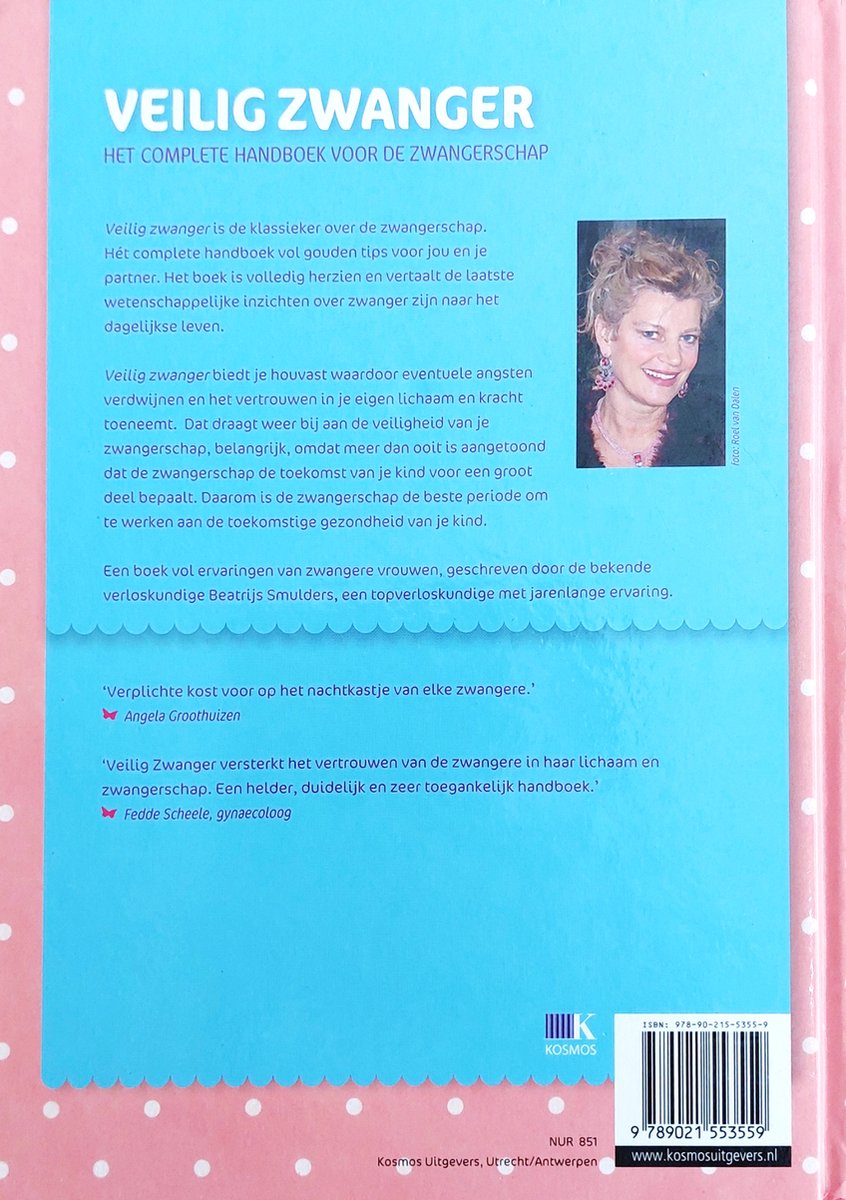 Boek "Veilig Zwanger" met een vrouw op de cover, die een tekst uitnodigt tot lezen.