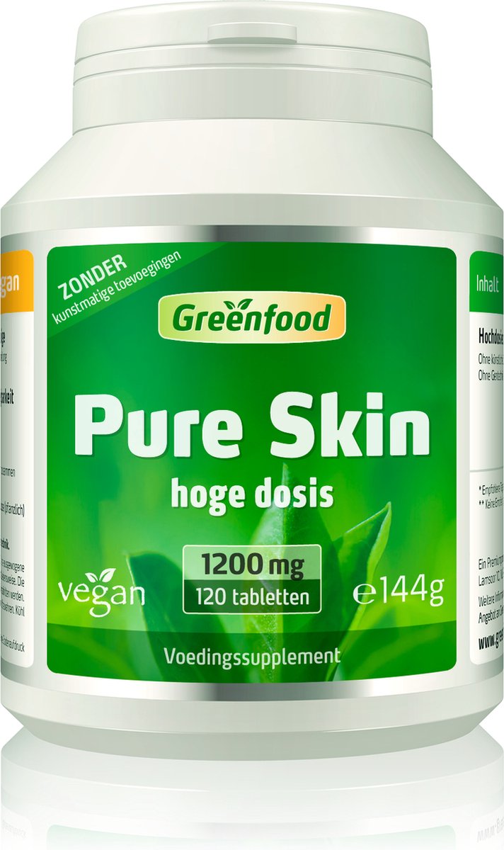 Goedkoopste Greenfood Pure Skin, 1200 mg, extra hoge dosering, 120 tabletten, veganistisch - Zonder kunstmatige toevoegingen. Zonder genetische manipulatie.