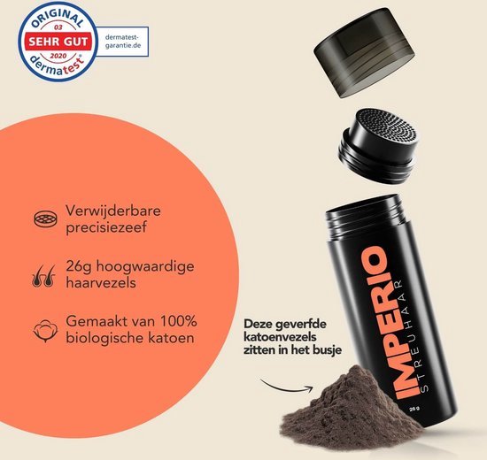 Verpakking van IMPERIO haarvezels met opengewerkte dop. 26g hoogwaardige haarvezels, gemaakt van 100% biologische katoen. Dermatest 'Sehr Gut' zegel.