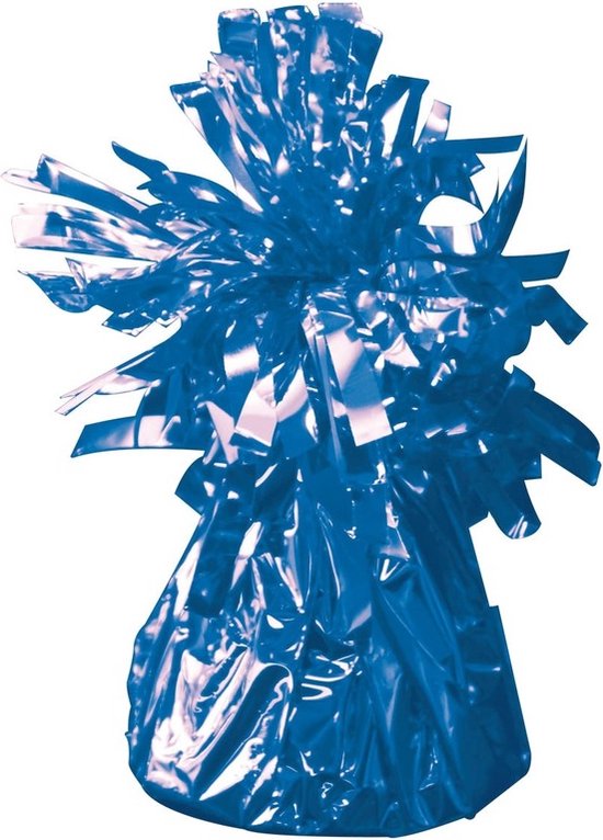 Blauw folie ballongewicht met glanzende, uitwaaierende stroken aan de bovenkant.