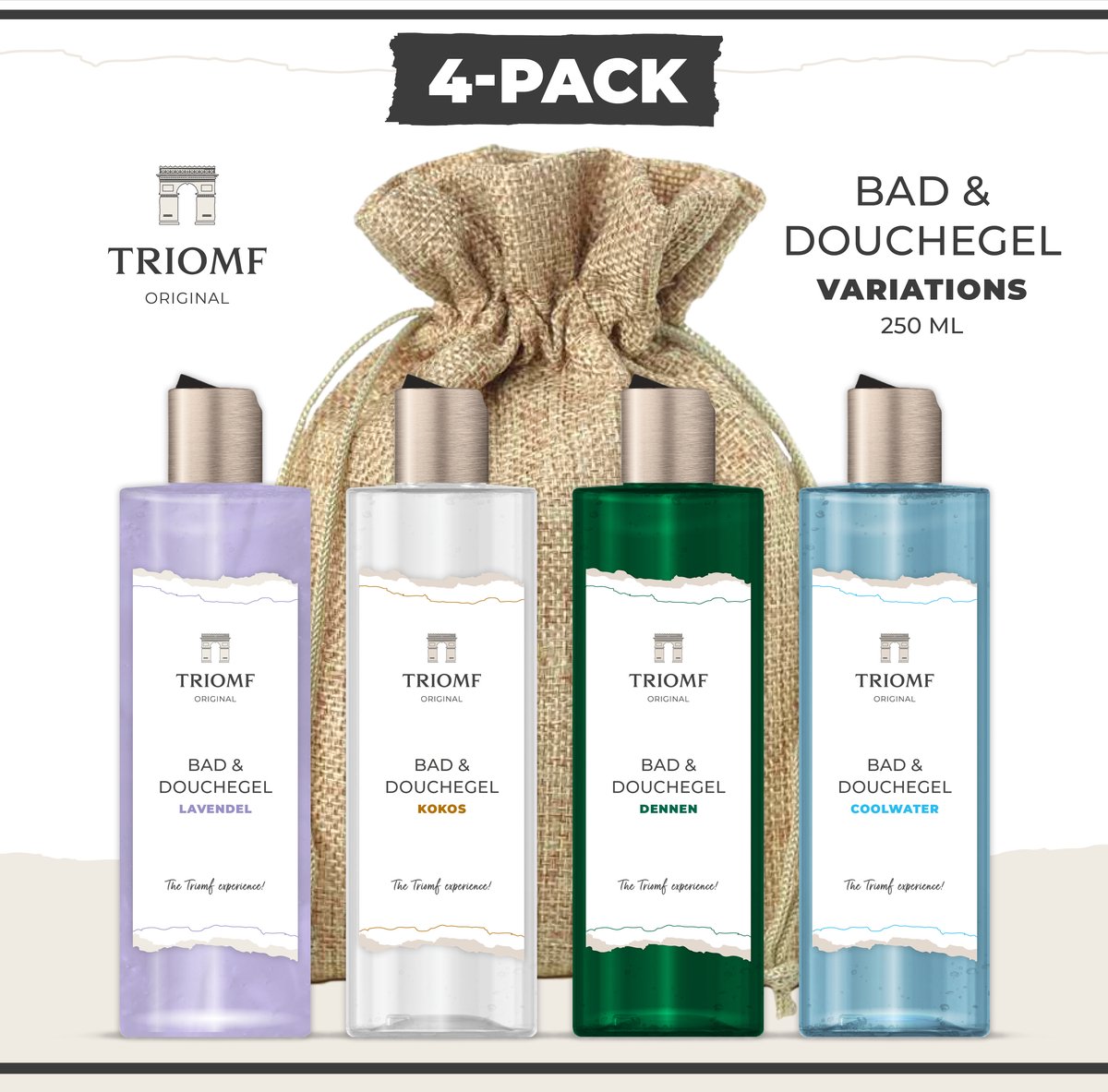 Goedkoopste Triomf Original - Bad & Douchegel Deluxe - 4-Pack - 250 ml - Dennen - Coolwater - Kokos - Lavendel | Cadeau Vrouw - Cadeau Man - Giftset Showergel Variations - 4 x Douche Gel - Gift Verjaardag voor hem en haar - Cadeau Set Badkamer Nieuw huis