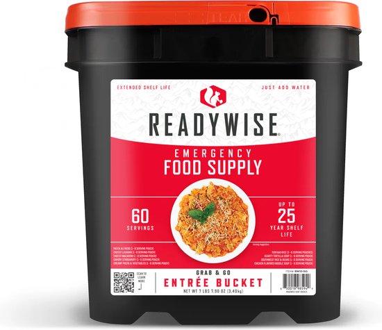 Oranje deksel op zwarte noodrantsoen emmer met 'Readywise Emergency Food Supply', '60 Servings' en 'Up to 25 Year Shelf Life'.