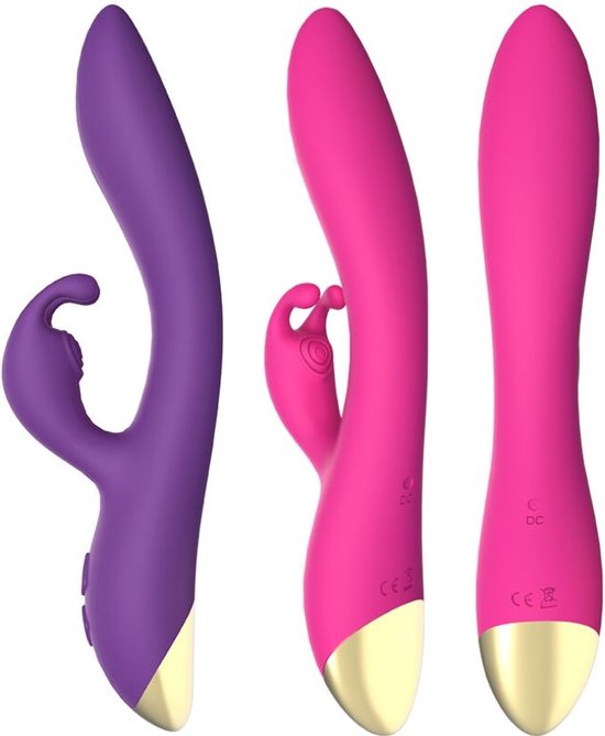 Vibrateur violet et rose avec oreilles de lapin, montré sous différents angles.