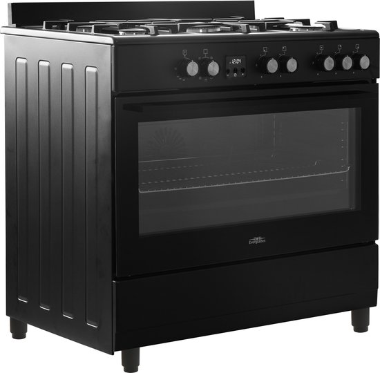 Everglades EVCK9020 - Gasfornuis - Mat Zwart - 90CM - 9 Ovenstanden - Gietijzeren Pannendragers - Wokbrander - Digitale Timer - 5 Jaar Garantie