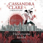 Boekomslag met de tekst 'Cassandra Clare en Wesley Chu Vloeken uit het verleden Boek Twee Helderwitte macht Een Schaduwjagersverhaal'. Twee mannen staan op de voorgrond met een stadsgezicht met een rode zon.