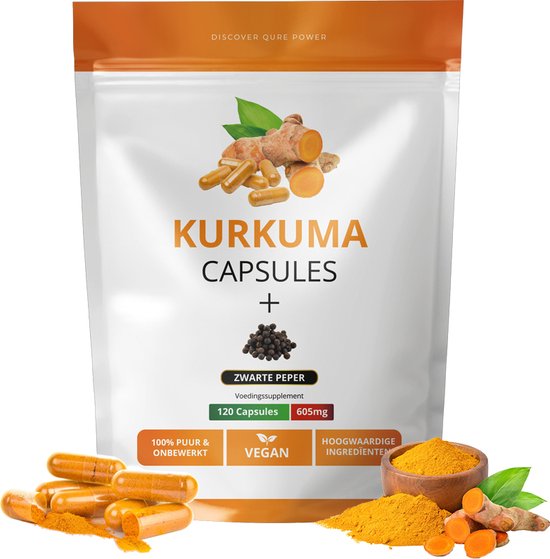 Wit met oranje zakje kurkuma capsules, 120 capsules, vegan. Met afbeeldingen van kurkumawortel, zwarte peper en gespleten capsules.