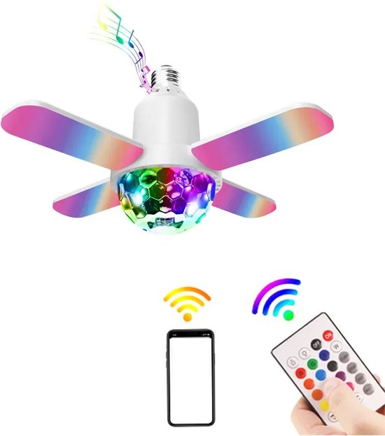 AnyPrice® Ampoule LED Bluetooth Haut-Parleur - Plafonnier Coloré à 4 Feuilles - 24W - Lumière Musicale avec Projection de Ciel Étoilé - Culot E27 et Télécommande - Lampe à Déformation