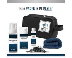 Geschenkset ''Mijn Vader is de Beste!" - 5 Producten - 500 Gram - Triomf Cosmetica | Toilettas zwart Giftset Doucheschuim Bamboo Verjaardag Vaderdag Wellness Cadeau Man Allerbeste Papa Nummer 1 Verjaardagscadeau Topper Speciaal voor jou Blauw