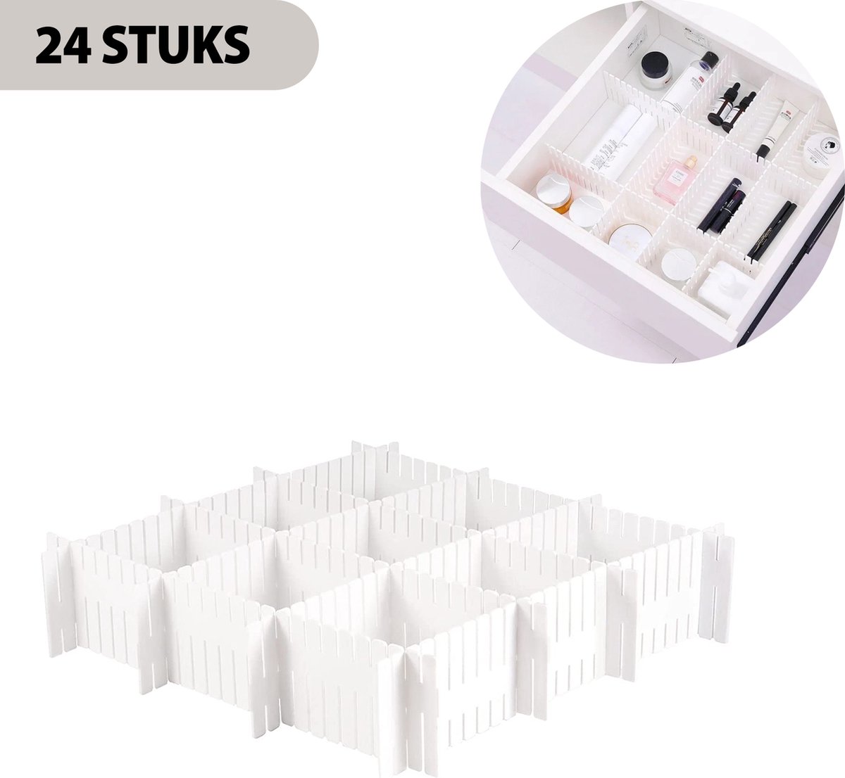 Consumerce® Ladeverdeler Wit – 24 Stuks – Lade Organizer Verdeler – Verstelbaar – Keuken Bakjes Opbergsysteem – La Opbergdoos – Kunststof Ladesysteem – Opbergbox – Kast Schuiflade