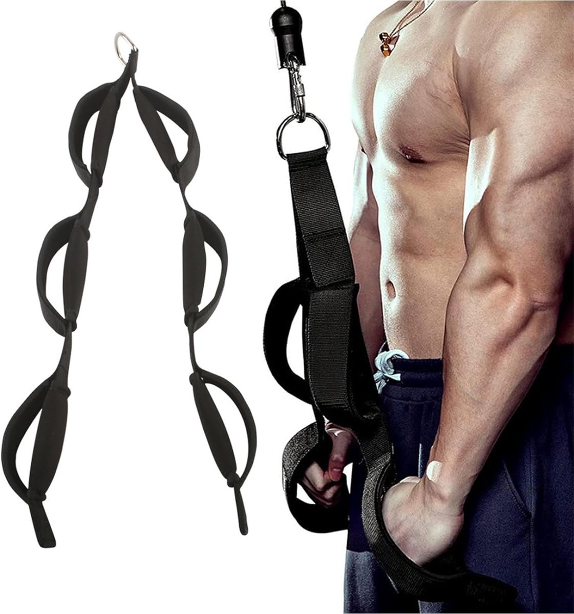 Tricepstouw, kabelbevestiging, tricepstouw, lang, 3 lengtes in één, ingebouwd, tricepstouw met groter bewegingsbereik, tricepstouw voor push-downs, crunches, facepulls