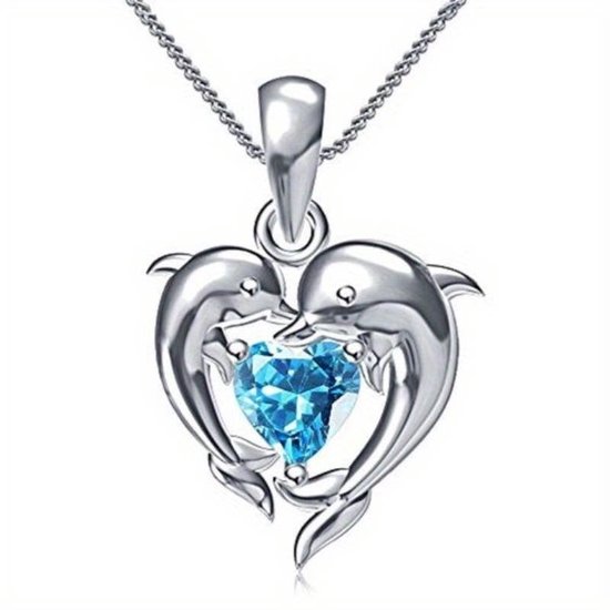 Ketting dolfijnen hart met blauwe strass
