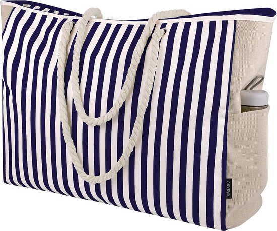 Grote waterafstotende strandtas met rits 58 x 38 x 18 cm gestreept donkerblauw wit shopper schoudertas