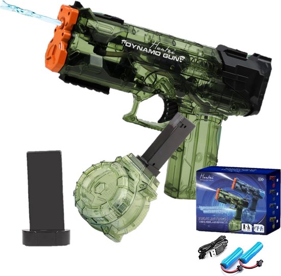 Foto: Huntex dynamo gun leger groen robuust elektrisch waterpistool met realistisch terugslageffect voor dynamisch familieplezier automatisch waterpistool zwembad speelgoed