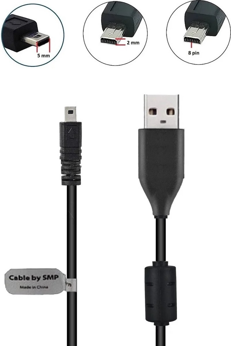 OneOne 1,5m USB kabel AV / datakabel. Voor enkele camera's als oplaadkabel past op Olympus T100, T110, VG120, VG130, VG140, VG160, VG170, VG190, VH410, VH510, VH520, VR325, VR330, VR340, VR350, VR360, VR370, X15, X30, X36, X40