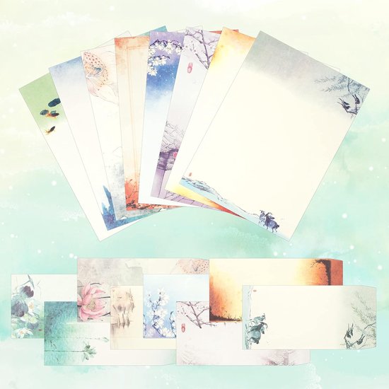 72 Pièces Papeterie Vintage avec Enveloppes, Fleurs, Papier à Motif, Style Chinois, Papier à Lettres, Ensemble pour Cartes d'Anniversaire, Cartes d'Invitation, Lettre d'Annonce (8 Styles)