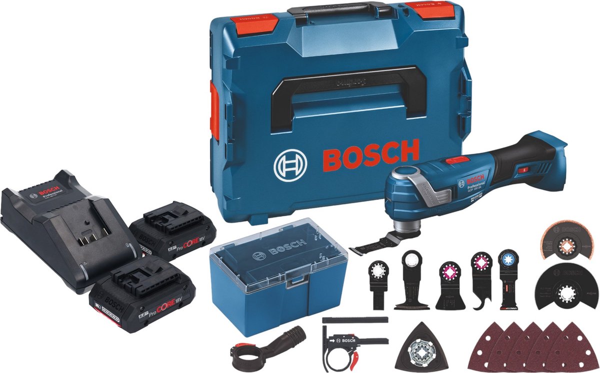 Bosch GOP 18V-34 Professional accu-multicutter 18 V Starlock Plus + 2x ProCore accu 4,0 Ah + oplader + 17-delige accessoireset + L-Boxx