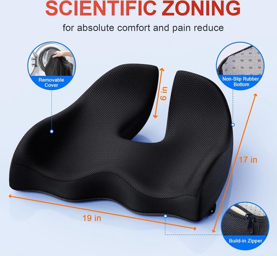 Juspota orthopedisch zitkussen, zitkussen voor bureaustoel, ergonomisch stuitbeenkussen, stuitbeenkussen voor in de auto, kantoor, zwart