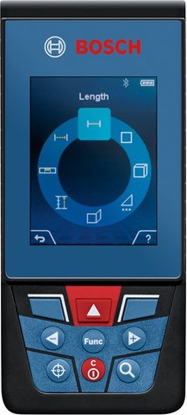 Bosch laser afstandsmeter met een blauw en zwart design en een digitaal scherm met meetfuncties.