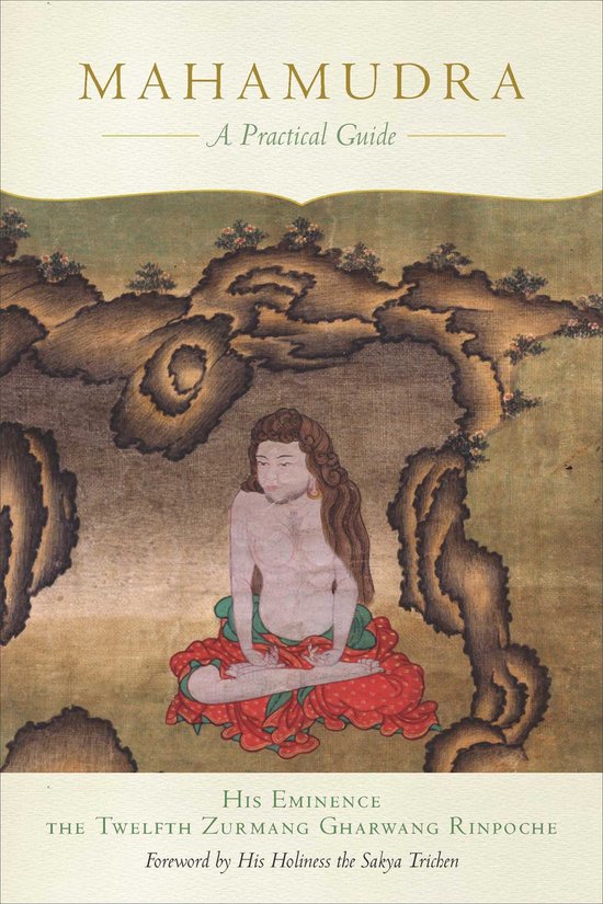 Boek met de titel 'Mahamudra: A Practical Guide'. Een afbeelding van een zittende man in rode en groene kleding, tegen een bergachtig landschap.