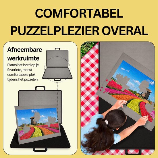 Grijze puzzelmat met tulpenveld en molen, opengeklapt in een koffer.