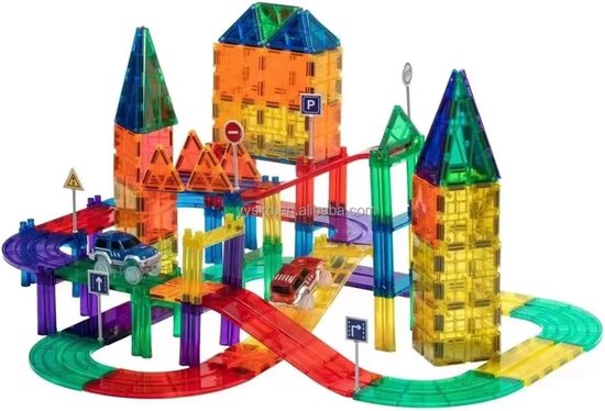 Magnetisch Bouwspeelgoed - 122 Stuks - Racebaan - Race Track - Bouwstenen - Magnetic Tiles - Bouwblokken - Magnetische Tegels - 3D Constructie Bouwen - Montessori - Bouwspeelgoed - Educatief Magneten Speelgoed voor Kinderen 3+ Jaar - Auto