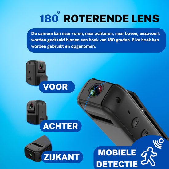 Bodycam - FullHD 1080P - Spy Cam - Spy Camera - Verborgen Camera - Incl. 32GB Micro SD-Kaart - Bewegingsdetectie - 180º Draaibare Lens - LED Display + Handleiding en USB stekker