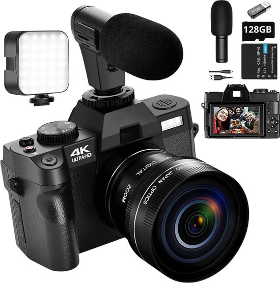 Vlog camera - 2.7K digitale vlog camera 48MP Full HD - vlog camera voor beginners - 180gr rotatie flip-screen - 16-voudige digitale zoom 3,0-inch scherm fotocamera - 32GB SD-kaart - 2 batterijen