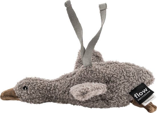 Grijze knuffelgans met opengewerkt lichaam, twee grijze banden en een zwart label 'flow AMSTERDAM'.