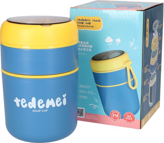 Tedemei Voedselcontainer - Schattige Thermosbeker - Met Serviesvak met Lepel - 2-Laags Design - 710ml - Geel & Blauw