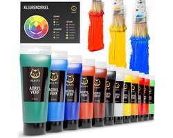 NAPI Acrylverf 12x75 ML - Grote Flessen - Inclusief Kleurencirkel - Voordeel Set - Hobbyverf - Schilderen Acryl Verf - 12 Kleuren