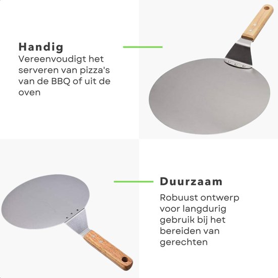 Pizzaschep met metalen blad en houten handvat, met tekst 'Handig' en 'Duurzaam'.