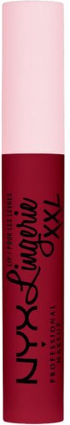 Donkerrode NYX Professional Makeup Lip Lingerie XXL liquid lipstick in matte finish met roze dop.
