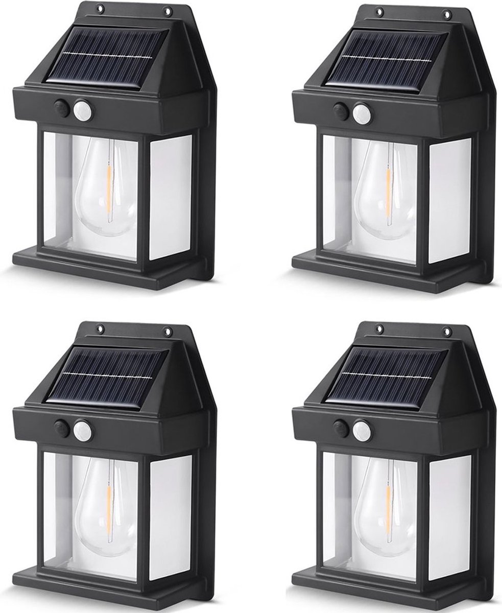 RS Goods Buitenlamp op Zonne Energie 4 Stuks Met Ingebouwde Bewegingssensor 3 Verschillende Lichtstanden Solar Tuinverlichting Buitenverlichting Zwart