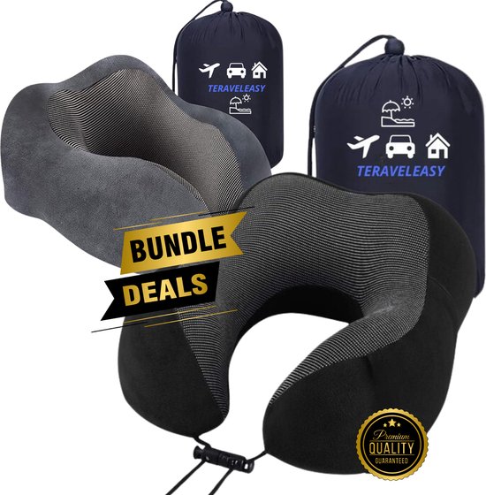 Premium - Nekkussen - Duo pack Zwart & Grijs - Memory Foam Reiskussen - Ergonomisch Vliegtuig Reis Nek Kussen - Neksteun Reiskussentje Auto - Traveleasy