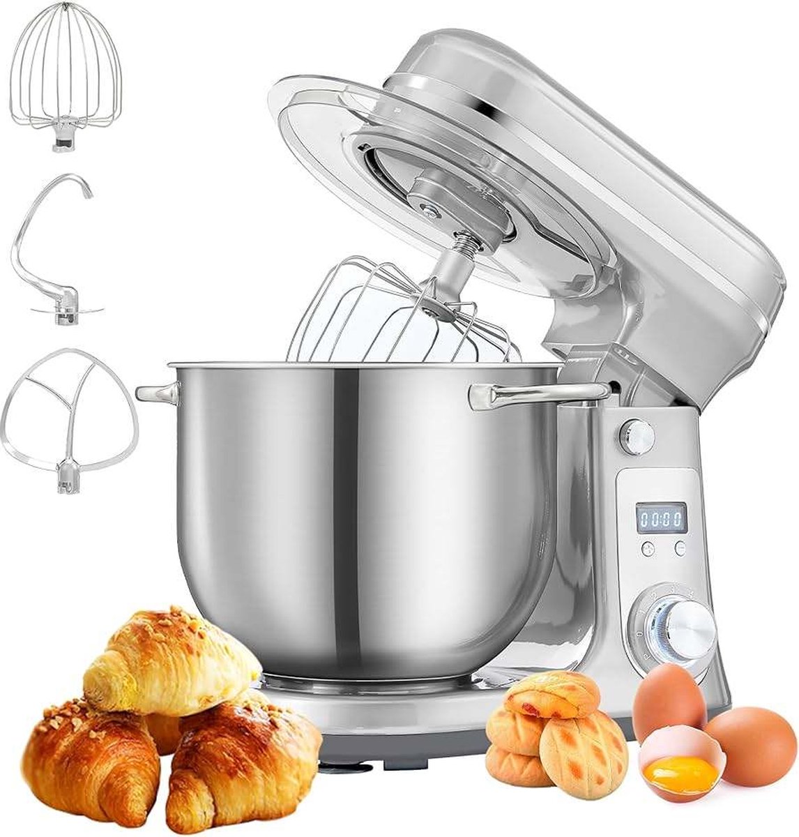 BioloMix ShopEighty8 Keukenmachine Deegmachine Keukenmixer Mixer Blender Digitale Timer Led Display Keukenmachine met RVS Mengkom 6 LTR. 1200W Stille Motor met 6 Snelheden Zilver Grijs