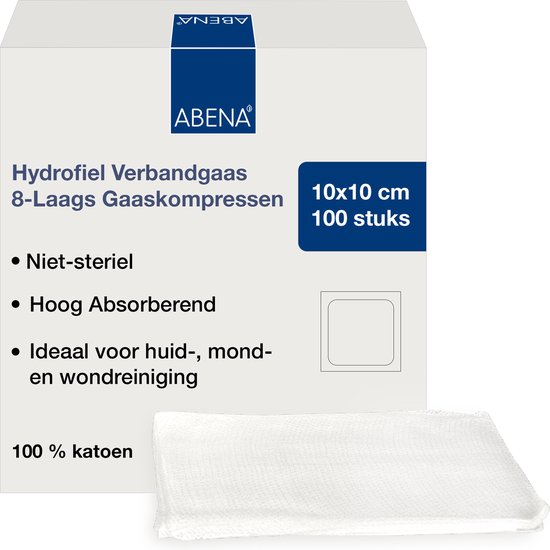 Foto: Abena gaaskompres 100 stuks hydrofiel verbandgaas 8 laags gaaskompressen 100 katoen 10 cm x 10 cm