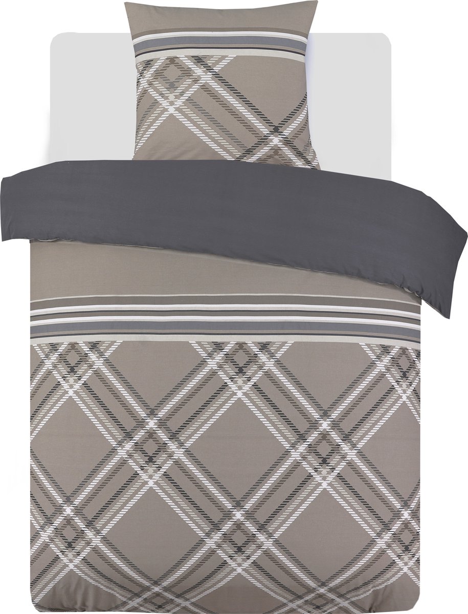 VISION William - Tweezijdig omkeerbaar Dekbedovertrekset - 100% katoen: zacht en soepel - Eenpersoons - Dekbedovertrek 140 x 200 cm met 1 bijhorende sloop - Beige / Grijs - Oekotex gecertificeerd