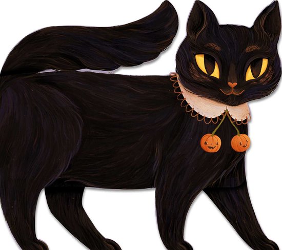 Chat noir aux yeux jaunes, collier blanc avec pendentif citrouille.