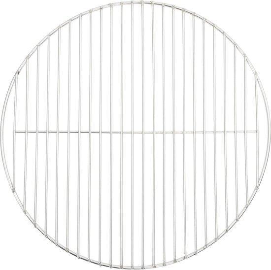 Rond RVS grillrooster met een diameter van 47 cm, met rechte spijlen en een verstevigende dwarsbalk in het midden.