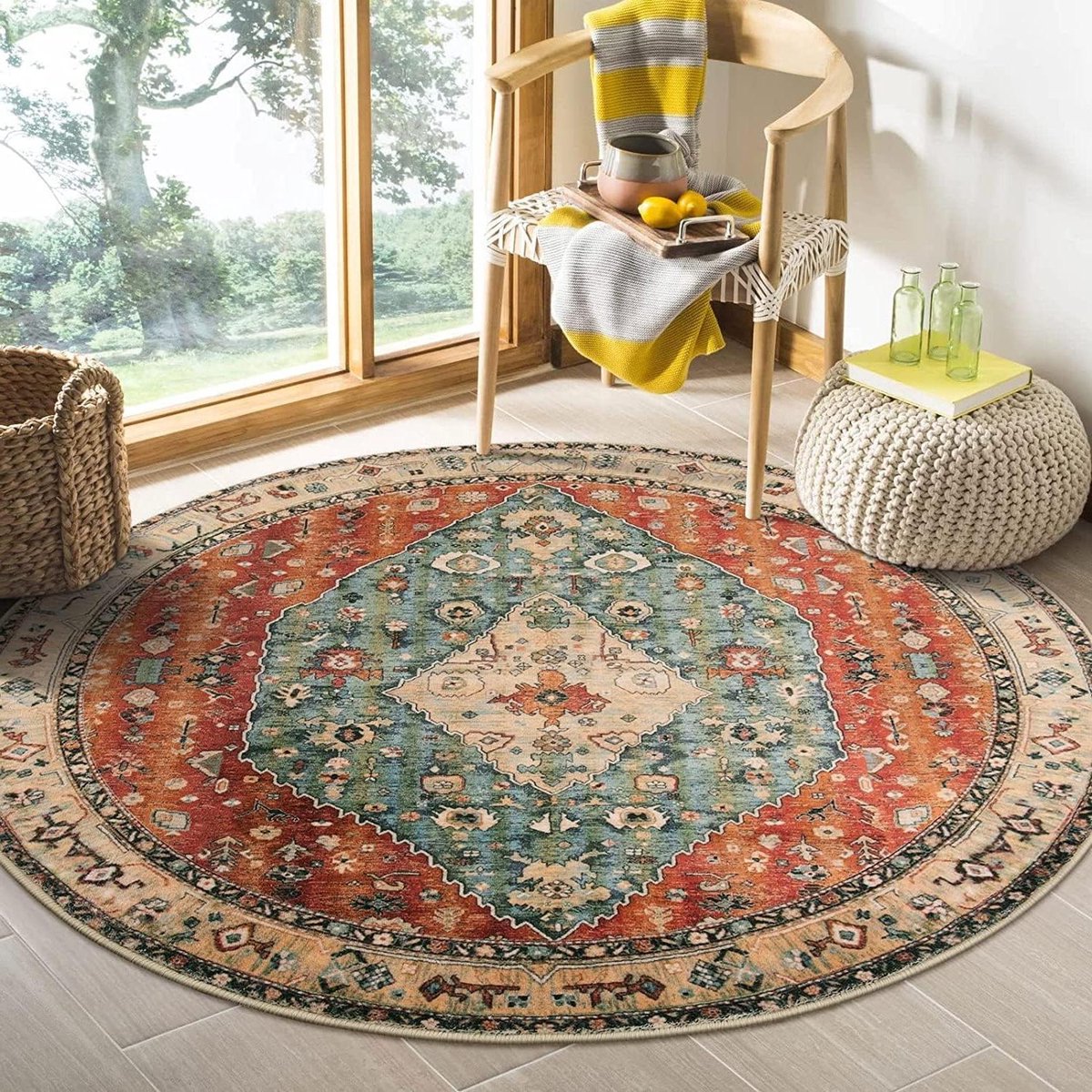 Ronde tapijten woonkamer 120 cm - antislip vintage boho tapijt - zachte machine wasbare groot area-tapijt - niet pluizend vloerkleed