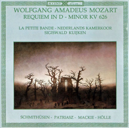 Een schilderij van een ruïne te midden van kale bomen met op de achtergrond "Wolfgang Amadeus Mozart Requiem in D-Minor KV 626"