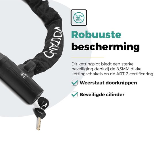 Zwart kettingslot met ART-2 certificering en twee sleutels.