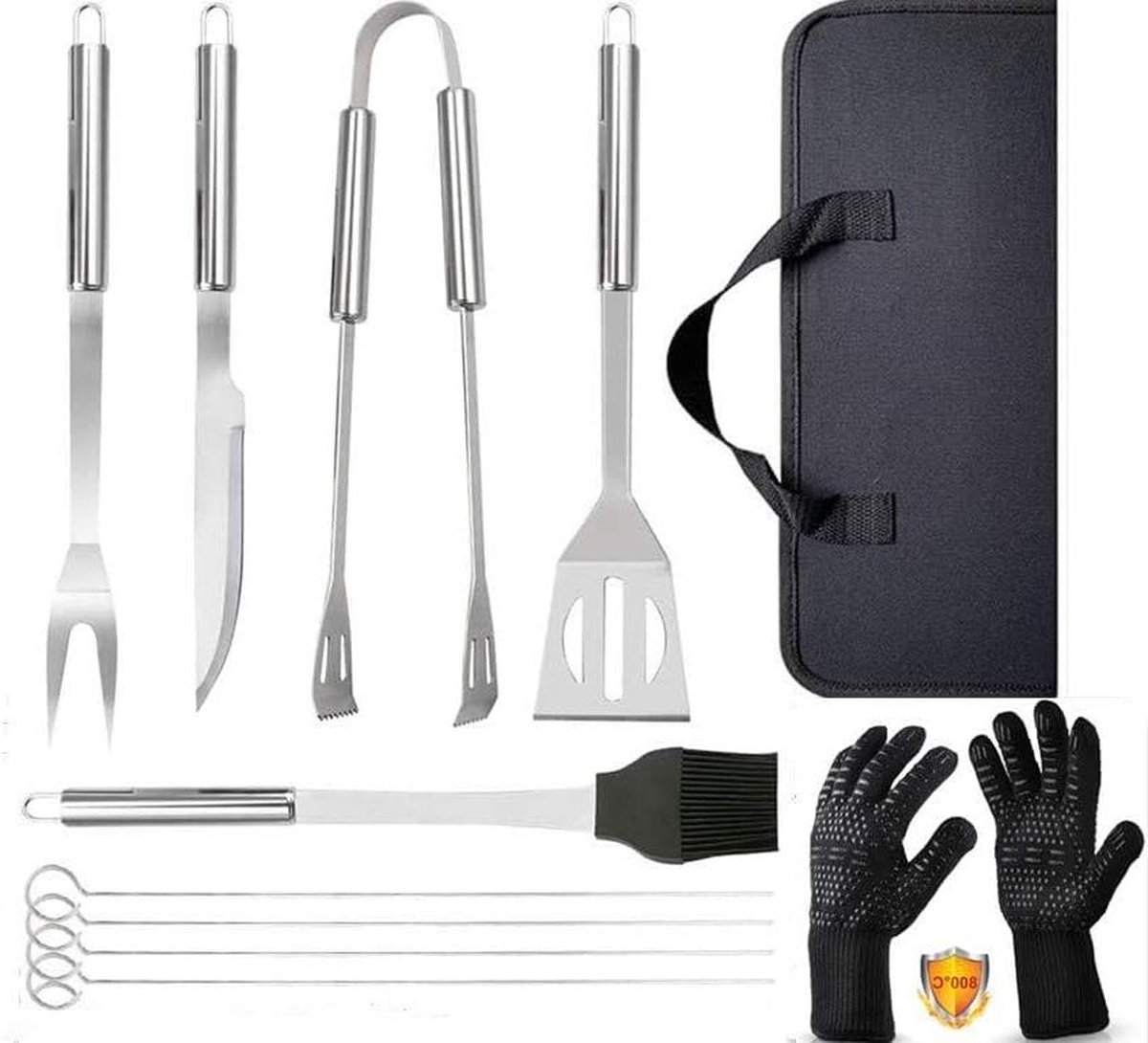 9-delige BBQ Gereedschapset + Hittebestendige Handschoenen tot 800°C Grill Kit Set met Draagtas voor Camping en Grilling Roestvrijstaal