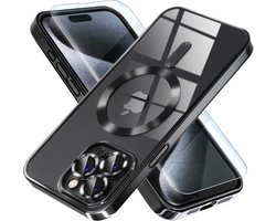 BixB hoesje met screenprotector geschikt voor iPhone 15 Pro MagSafe siliconen Backcover - Zwart