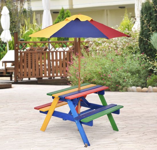 Buitenmeubels, buitentafelsPicknicktafel voor kinderen met banken en parasol, veelkleurig hout Buitenmeubels, buitentafelsPicknicktafel voor kinderen met banken en parasol, veelkleurig hout