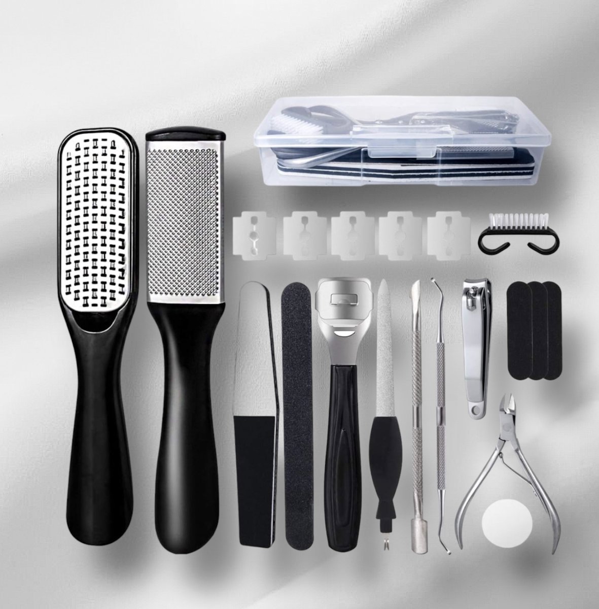 Goedkoopste Voetvijl, 20 in 1, pedicureset, roestvrij staal, eeltschaaf, eeltverwijdering, voetverzorgingsset, professionele eeltverwijderingsset, voetverzorgingsset voor dames, heren, salon of thuis