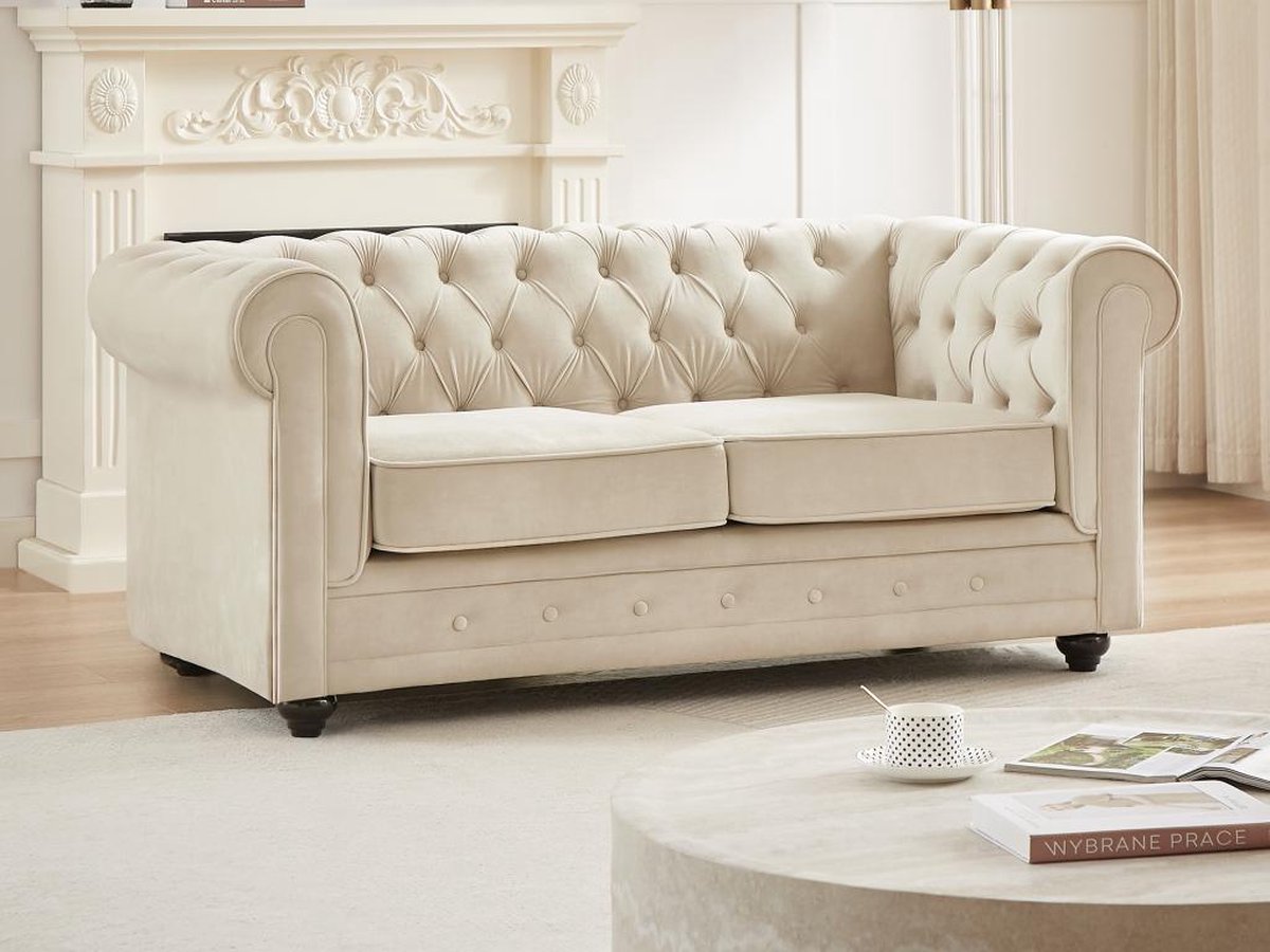 Vente-unique Tweezitsbank van beige velours CHESTERFIELD