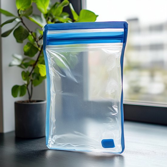 Transparant diepvrieszakje, staand, met blauwe ritssluiting en sluitclip.